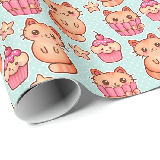 Kawaii Niedliche Katzen Cupcakes Pink und Blau Mus Geschenkpapier (Rolleneckpunkt)