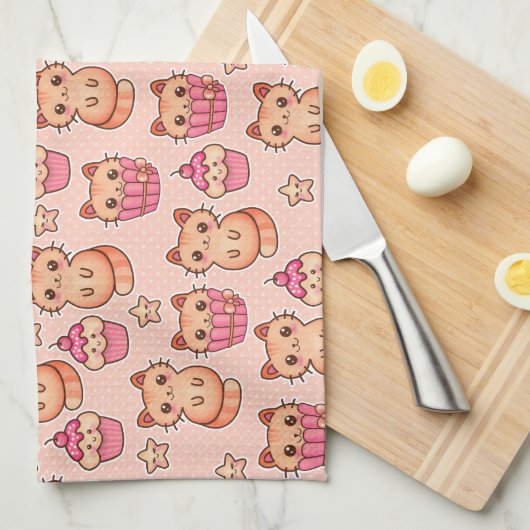 Kawaii Niedliche Katzen und Cupcakes rosa Muster Geschirrtuch (Viertel Falte)