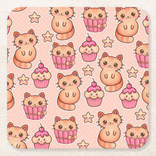 Kawaii Niedliche Katzen und Cupcakes rosa Muster Rechteckiger Pappuntersetzer