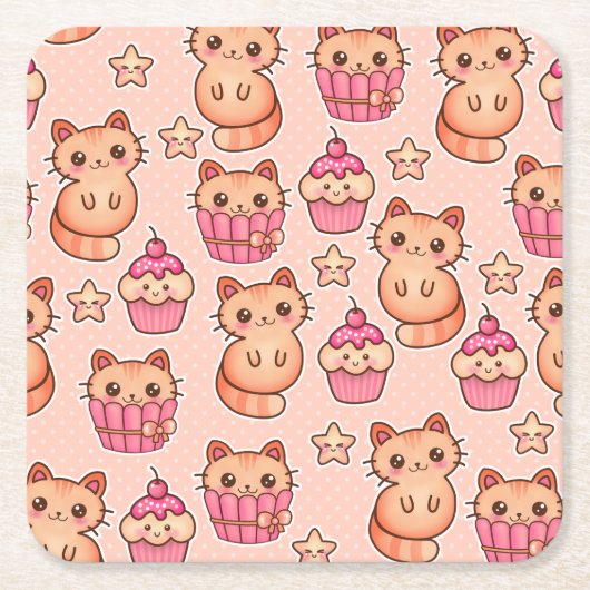 Kawaii Niedliche Katzen und Cupcakes rosa Muster Rechteckiger Pappuntersetzer (Vorderseite)