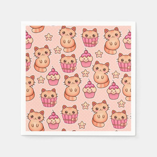 Kawaii Niedliche Katzen und Cupcakes rosa Muster Serviette (Vorderseite)