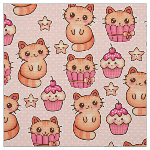 Kawaii Niedliche Katzen und Cupcakes rosa Muster Stoff