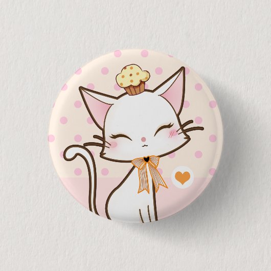 Kawaii niedliche weiße Katze mit kleinem Kuchen Button (Vorderseite)
