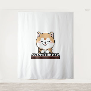 Kawaii Niedlicher Hund Klavierspielen Keyboard Wandteppich