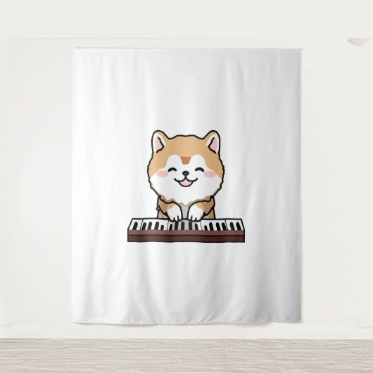 Kawaii Niedlicher Hund Klavierspielen Keyboard Wandteppich (Vorderseite)