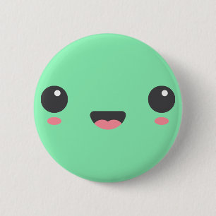 Kawaii, niedliches, fröhliches Gesicht, Minzgrün Button