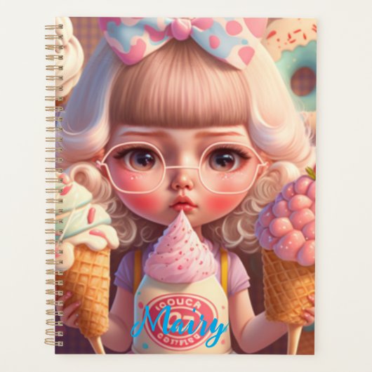 Kawaii niedliches Girl mit Eiscreme Notizbuch Planer (Vorderseite)