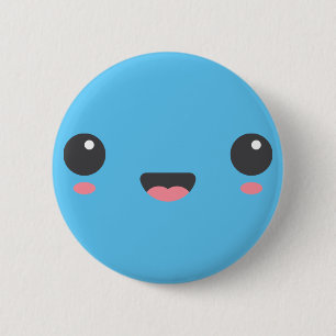 Kawaii, niedliches glückliches Gesicht, Himmelblau Button