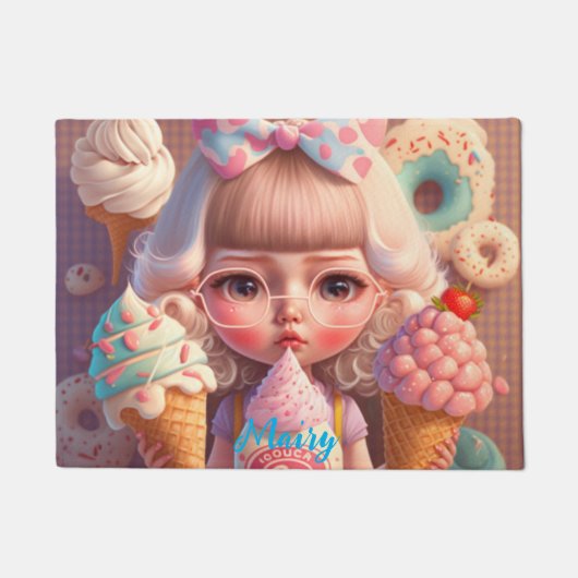 Kawaii niedliches Mädchen mit Eis Brauch Fußmatte (Vorderseite)