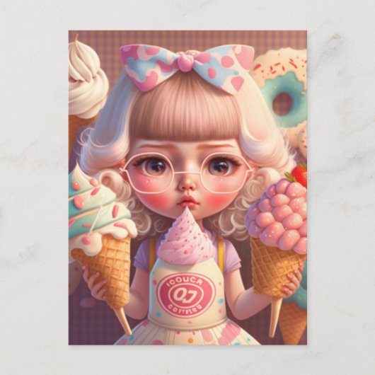 Kawaii niedliches Mädchen mit Eis Postkarte (Vorderseite)