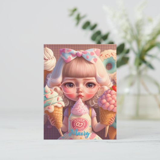 Kawaii niedliches Mädchen mit Eis Postkarte (Stehend Vorderseite)