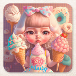 Kawaii niedliches Mädchen mit Eis Rechteckiger Pappuntersetzer