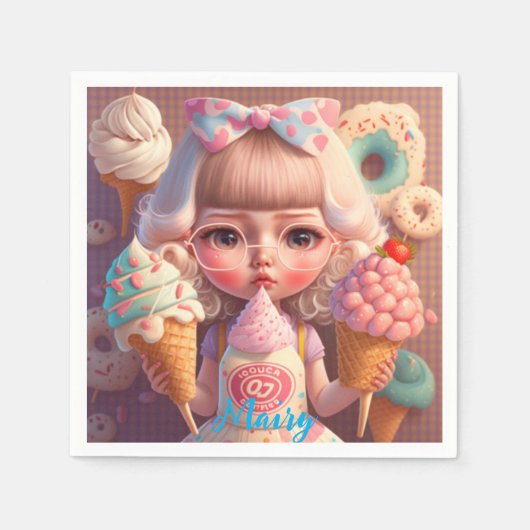 Kawaii niedliches Mädchen mit Eis Serviette (Vorderseite)