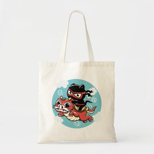Kawaii Ninja Cat Riding a Red Dragon Button Tragetasche (Vorne)