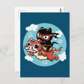 Kawaii Ninja Cat Riding a Red Dragon Postkarte (Vorne/Hinten)