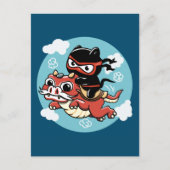 Kawaii Ninja Cat Riding a Red Dragon Postkarte (Vorderseite)