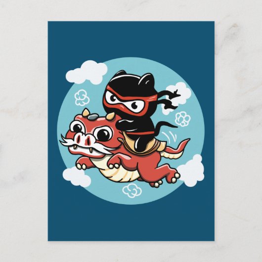 Kawaii Ninja Cat Riding a Red Dragon Postkarte (Vorderseite)