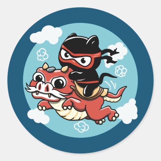 Kawaii Ninja Cat Riding a Red Dragon Runder Aufkleber (Vorderseite)