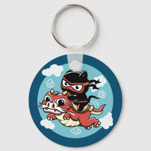 Kawaii Ninja Cat Riding a Red Dragon Schlüsselanhänger