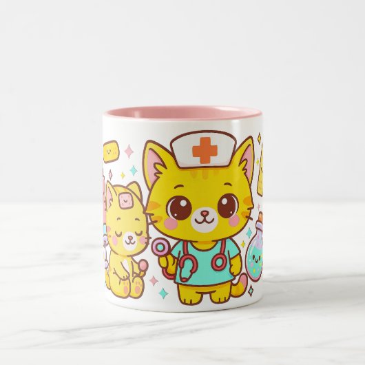 Kawaii Nurse Cat Duo Zweifarbige Tasse (Mittel)
