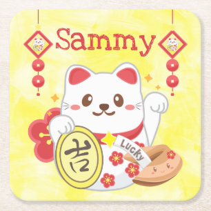 Kawaii Oriental Glückskatze Rechteckiger Pappuntersetzer