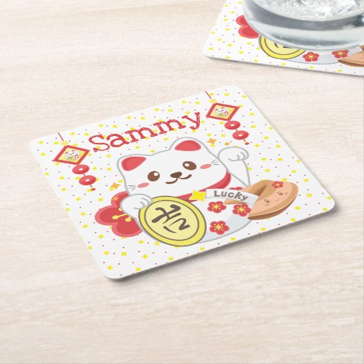 Kawaii Oriental Lucky Cat Rechteckiger Pappuntersetzer (angewinkelt)