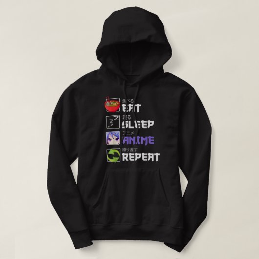 Kawaii Otaku Manga Eat Sleep Anime Repeat Kanji Fa Hoodie (Design vorne)