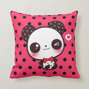 Kawaii Panda auf schwarzen Tupfen Kissen