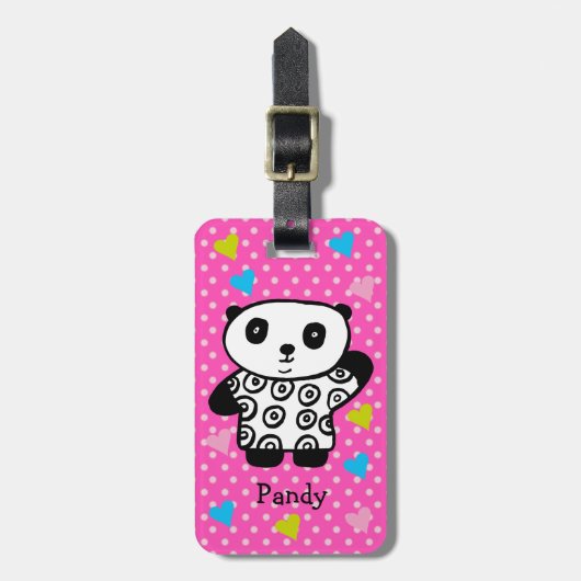 Kawaii Panda Bear Pink Girly Polka Dot Hearts Gepäckanhänger (Vorderseite vertikal)