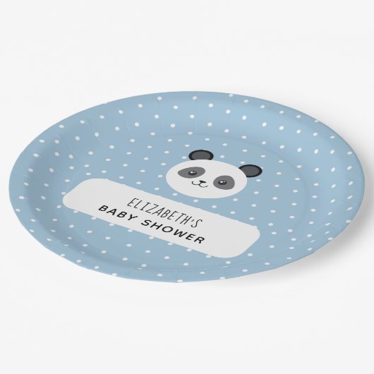 Kawaii Panda Blue Boy Polka Dots Baby Shower Pappteller (Schrägansicht)