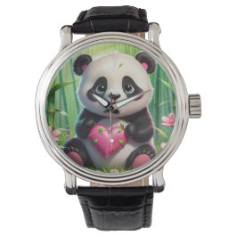 Kawaii Panda Holding Herz in einem Bambuswald Armbanduhr