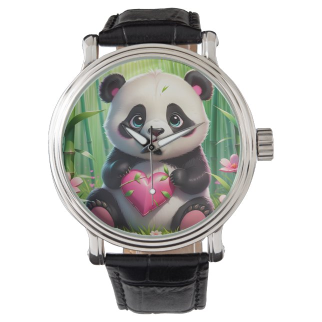 Kawaii Panda Holding Herz in einem Bambuswald Armbanduhr (Vorderseite)