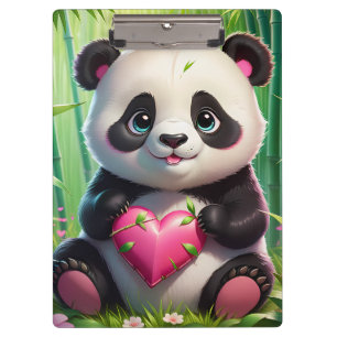 Kawaii Panda Holding Herz in einem Bambuswald Klemmbrett