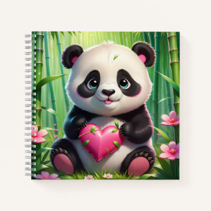 Kawaii Panda Holding Herz in einem Bambuswald Notizblock