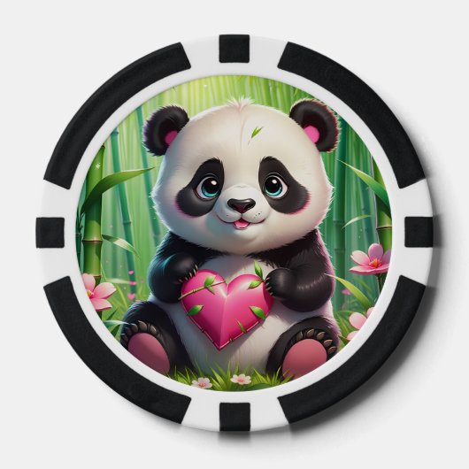 Kawaii Panda Holding Herz in einem Bambuswald Pokerchips (Vorderseite)