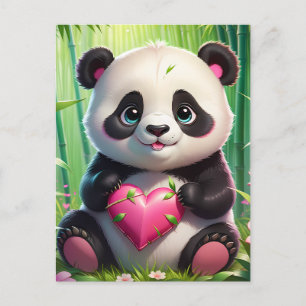 Kawaii Panda Holding Herz in einem Bambuswald Postkarte