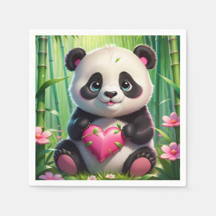Kawaii Panda Holding Herz in einem Bambuswald Serviette