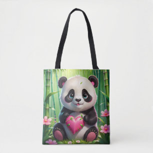 Kawaii Panda Holding Herz in einem Bambuswald Tasche