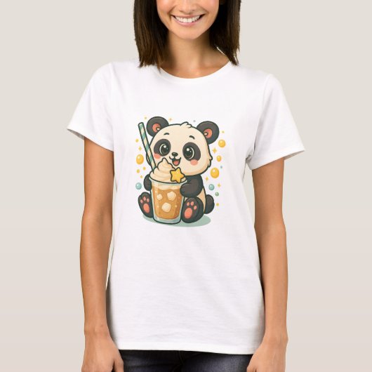 Kawaii Panda mit Vanilla Frappuccino - Niedliches T-Shirt (Vorderseite)