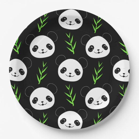 Kawaii Panda Muster Bamboo in Schwarz-weiß grün Pappteller (Vorderseite)