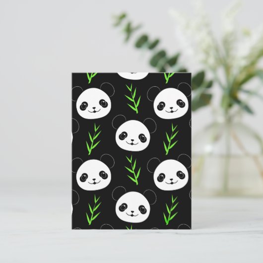 Kawaii Panda Muster Bamboo in Schwarz-weiß grün Postkarte (Stehend Vorderseite)