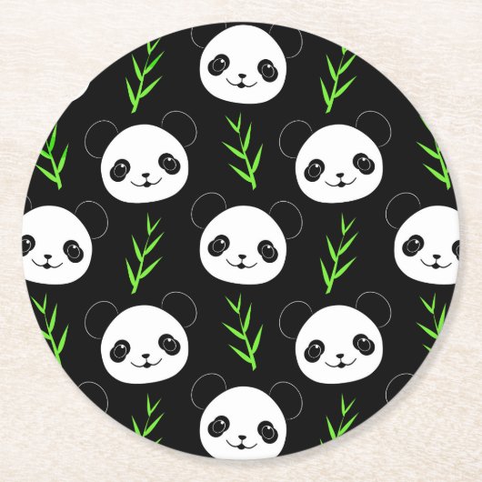 Kawaii Panda Muster Bamboo in Schwarz-weiß grün Runder Pappuntersetzer (Vorderseite)