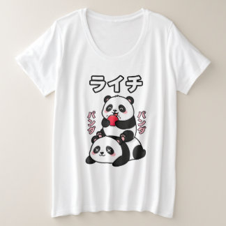 Kawaii Panda Stack Lychee Fruit Japanese Cartoon Große Größe T-Shirt