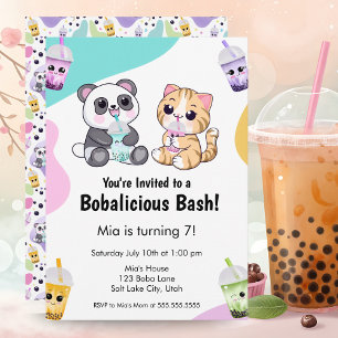 Kawaii Panda & Tiger Bubble Tea Kindergeburtstag Einladung