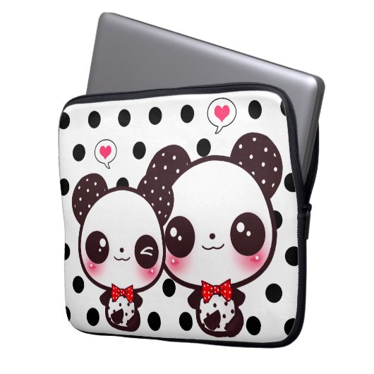 Kawaii Pandas auf schwarzen Tupfen Laptopschutzhülle (Vorderseite Links)