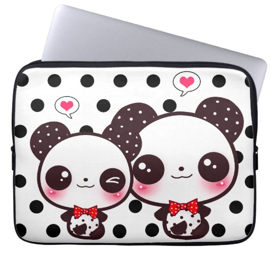 Kawaii Pandas auf schwarzen Tupfen Laptopschutzhülle (Vorderseite)