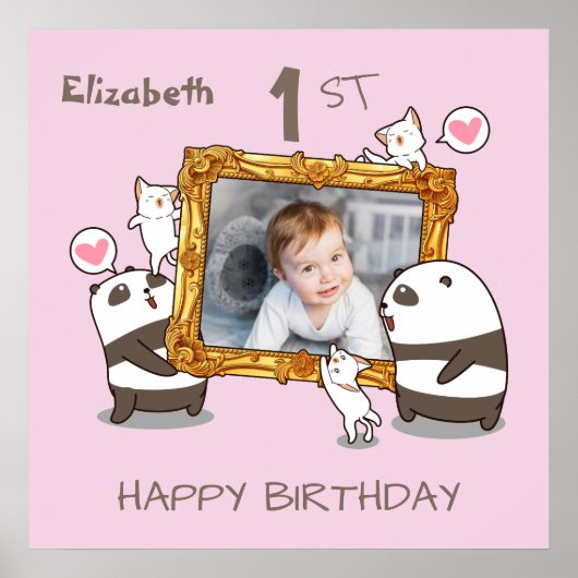 Kawaii Pandas und Katzen Foto Rahmen 1. Geburtstag Poster (Vorne)
