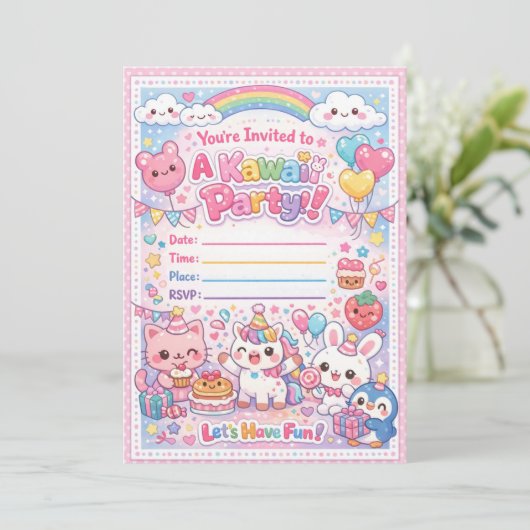 Kawaii Party Invitation – Cute Pastel Birthday  Einladung (Stehend Vorderseite)