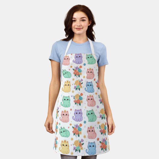 Kawaii Pastel Cats and Flowers Pattern Apron Schürze (Getragen)