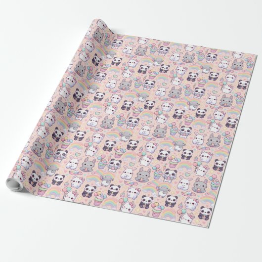 Kawaii Pastel Cats und Bunnies Wallpaper Geschenkpapier (Ungerollt)